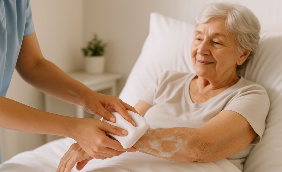 Cuidadora limpia el brazo de una paciente postrada con toalla jabonosa Higienix durante un baño en seco
