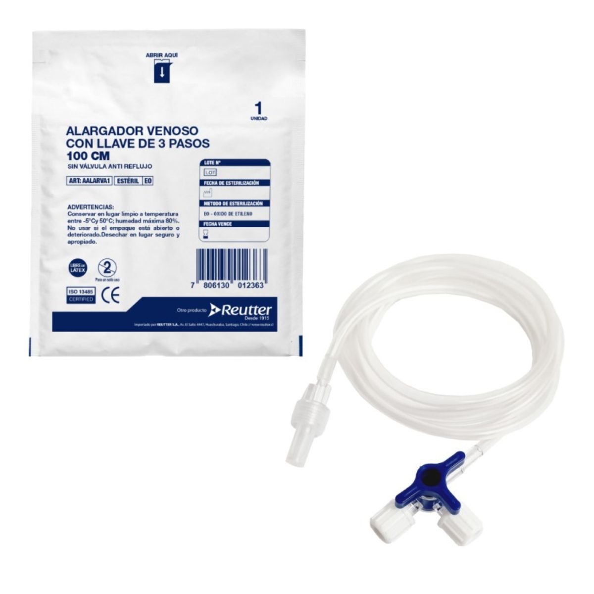 Alargador venoso con llave de 3 pasos 100 cm cj/50 unid - tubotiquin.cl