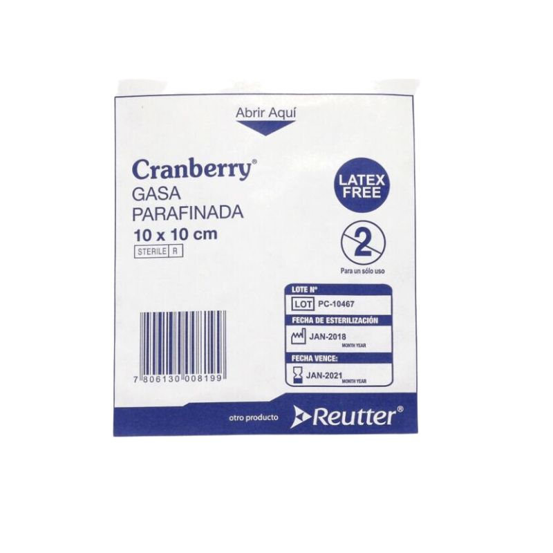 Gasa parafinada de la marca Cranberry, presentada en un paquete individual estéril de 10x10 cm, con indicación de ser libre de látex.