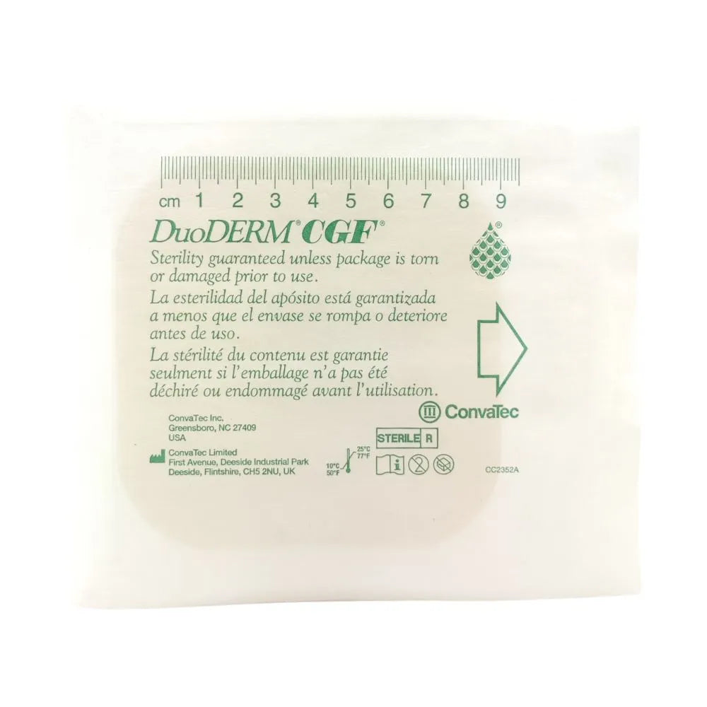 Apósito hidrocoloide Duoderm CGF Convatec en envase estéril, indicado para el manejo de heridas y úlceras con exudado