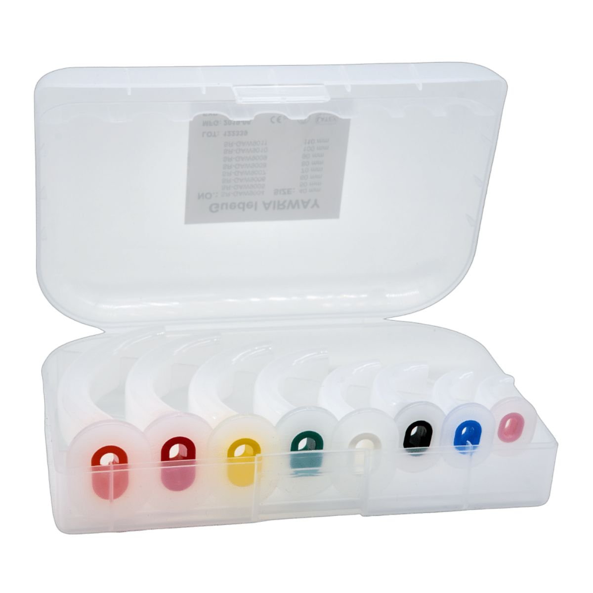 Set de 8 cánulas Mayo Guedel de colores en estuche plástico abierto, medidas de 40 a 110 mm