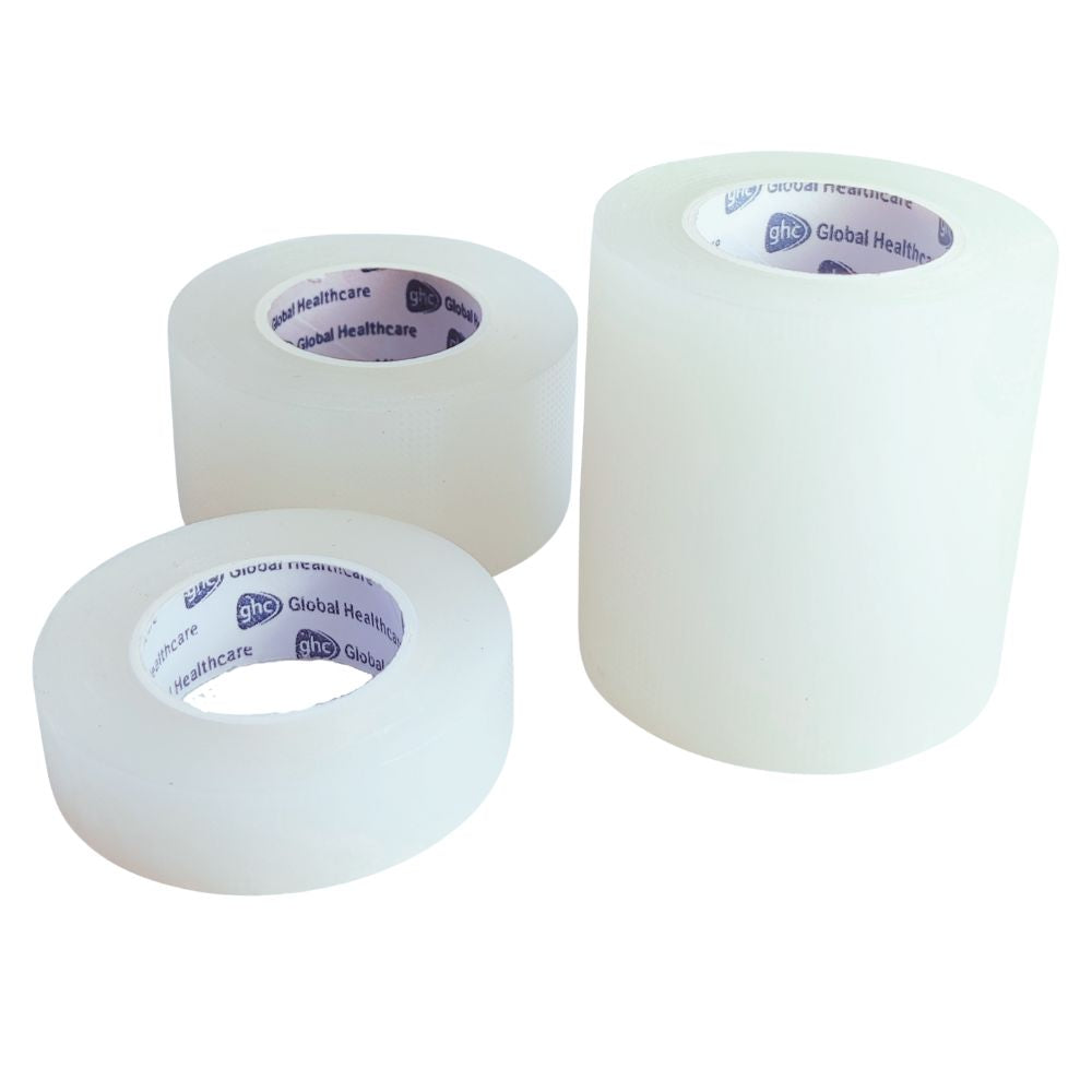 Cinta adhesiva médica transparente GHC en rollos de distintos anchos para fijación de apósitos