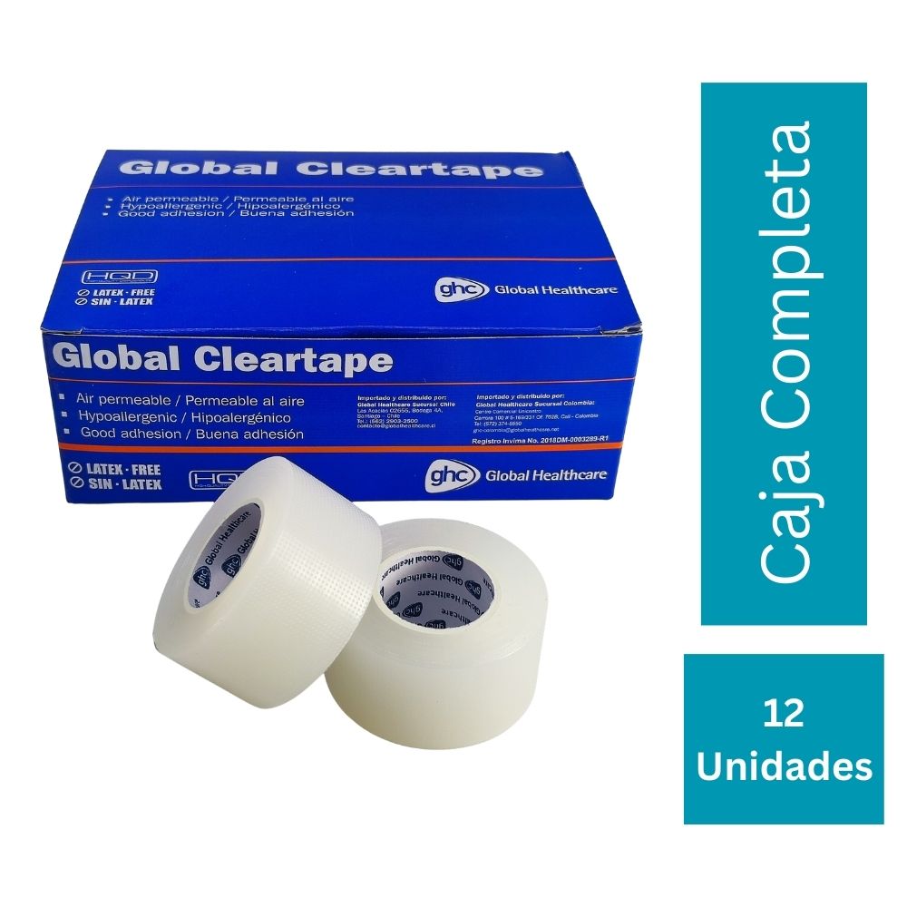 Caja completa de cinta adhesiva médica transparente GHC Global Cleartape con 12 unidades 2.5cm