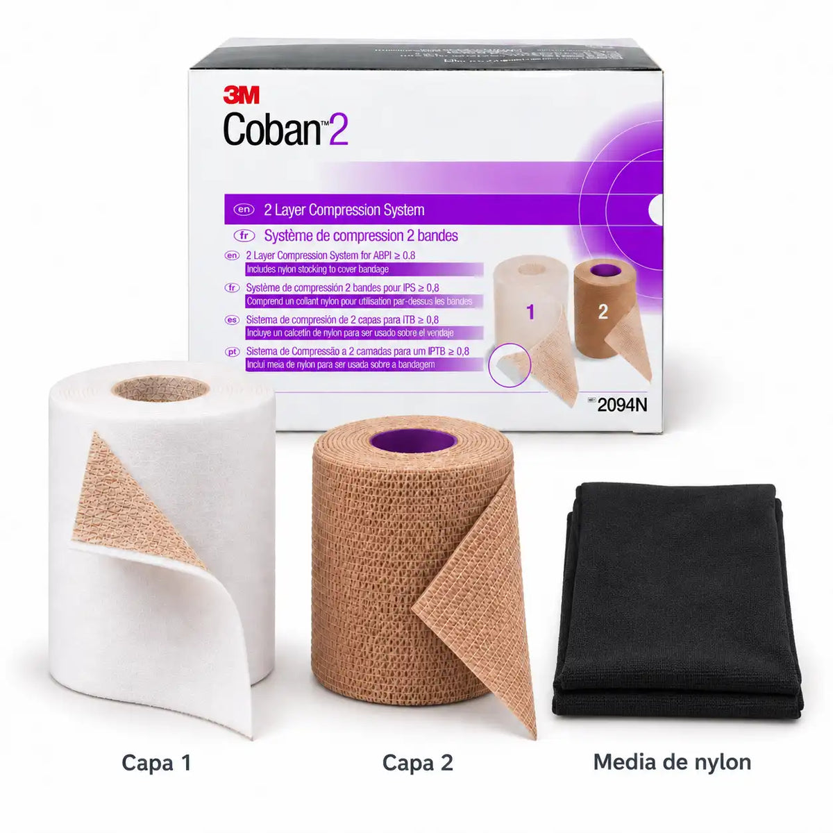 Contenido del kit Coban 2 Layer 3M: capa de confort, capa de compresión y media de nylon incluida