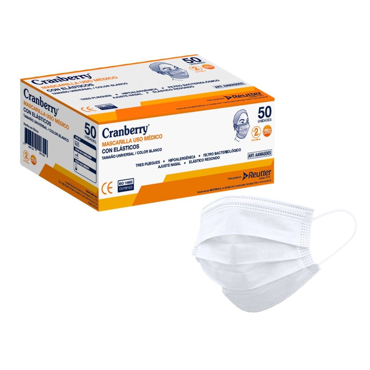Mascarilla quirúrgica blanca Cranberry Tipo IIR certificada ISP Chile con clip nasal