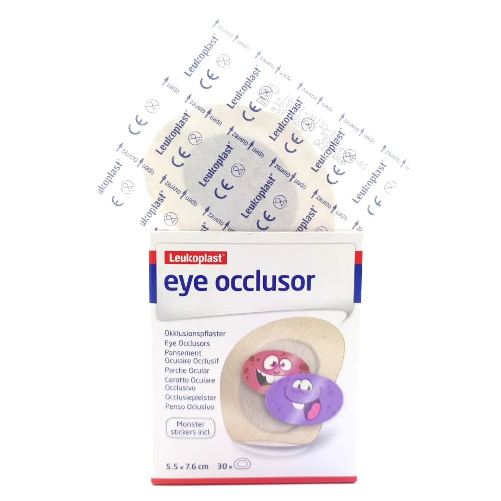 Detalle apósito opaco parche ocular Leukoplast — película poliuretano negro bloqueo luz ojo adulto