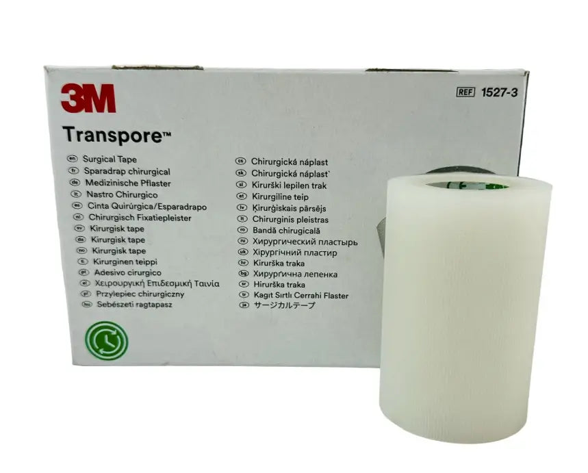 Cinta quirúrgica 3M Transpore 7.5 cm x 9.1 m con caja, uso médico y fijación segura