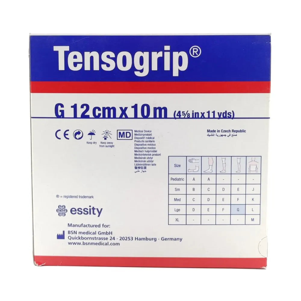 Vendaje tubular Tensogrip G 12 cm x 10 m, tabla de tallas y especificaciones técnicas