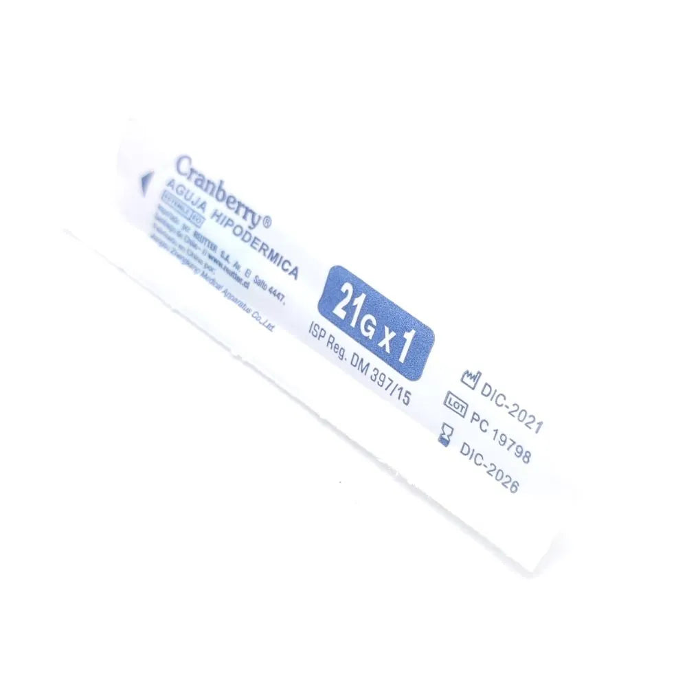 Envase individual de aguja hipodérmica 21G x 1 pulgada Cranberry