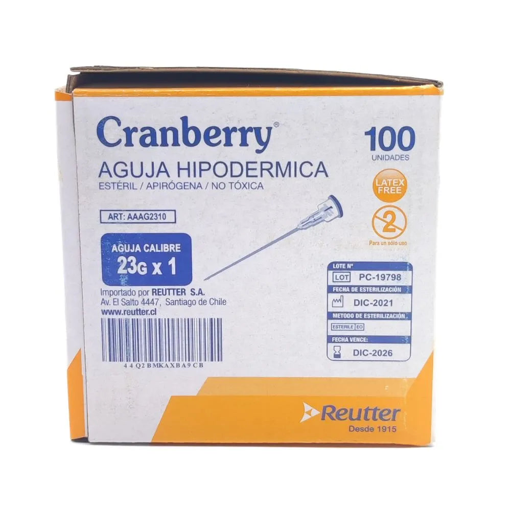 Caja de agujas hipodérmicas estériles 23G x 1 pulgada Cranberry vista posterior