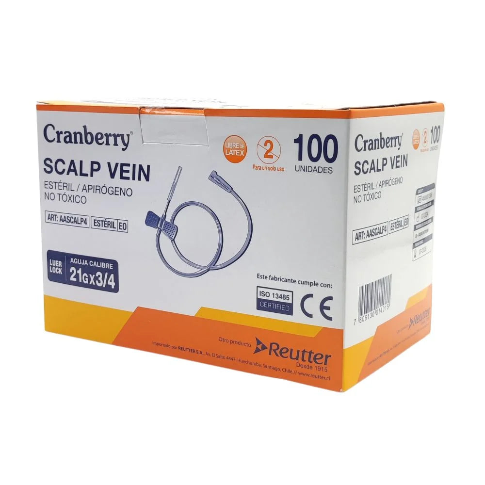 Aguja mariposa Scalp Vein Cranberry 21G en caja dispositivo para acceso venoso