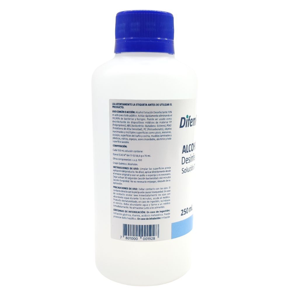 Alcohol 70% 250 mL Difem Profesional con información de composición en etiqueta lateral