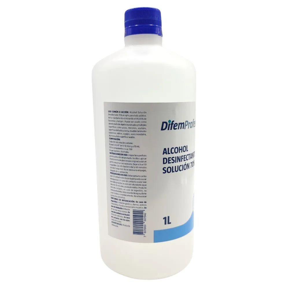 Alcohol 70% Difem Profesional 1 litro, vista lateral del envase