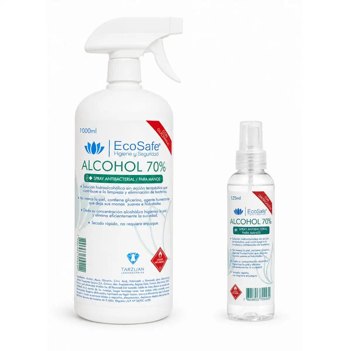 Alcohol spray antibacterial 70% EcoSafe — formatos 125 ml y 1 litro comparados lado a lado