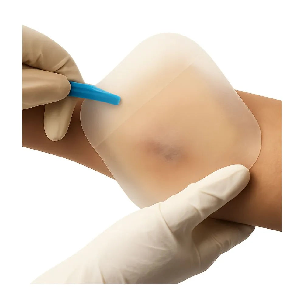 Aplicación de apósito hidrocoloide Duoderm CGF sobre la piel para proteger una herida y favorecer la cicatrización