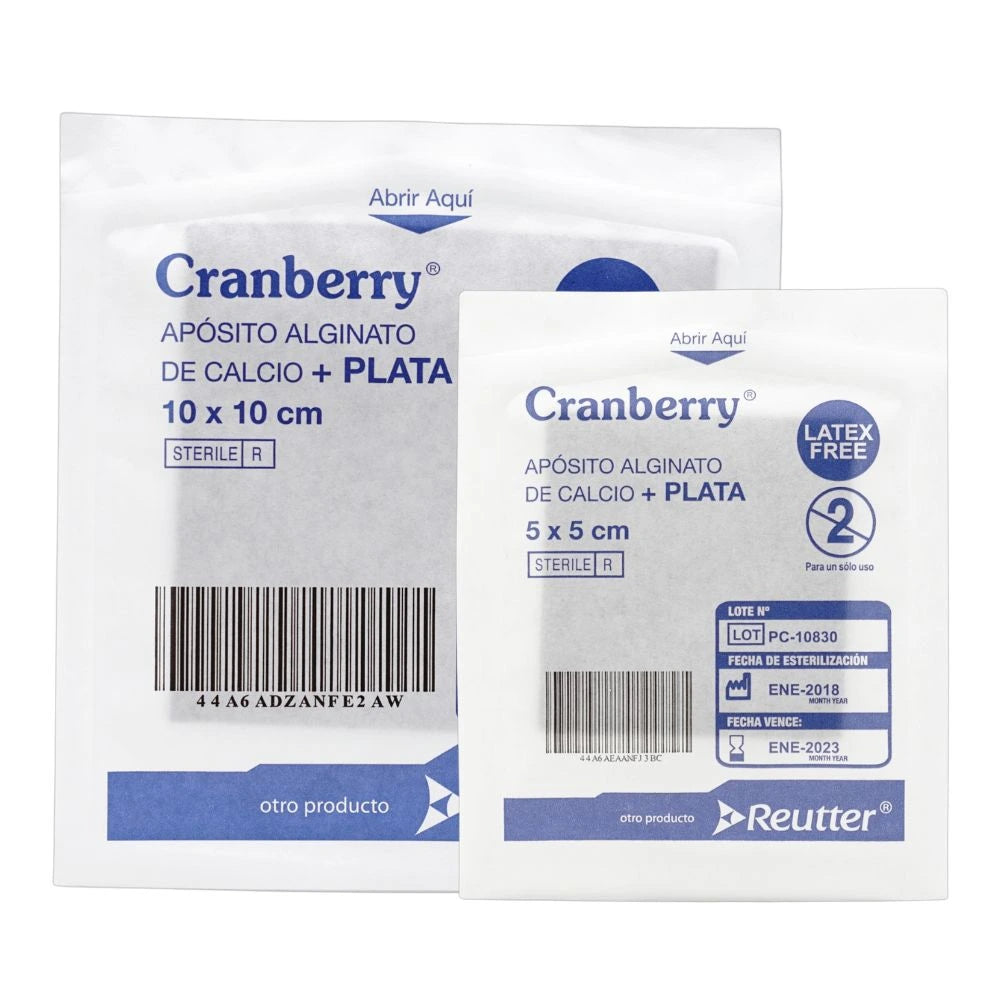 Apósito de alginato de calcio con plata Cranberry en tamaños 5x5 cm y 10x10 cm