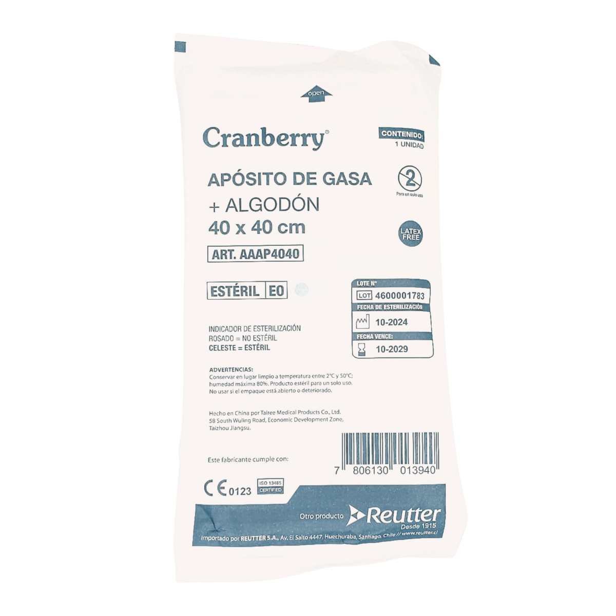 Apósito de Gasa Estéril Cranberry 40x40cm + Algodón - Material Curación Hospitalario Chile - tubotiquin.cl