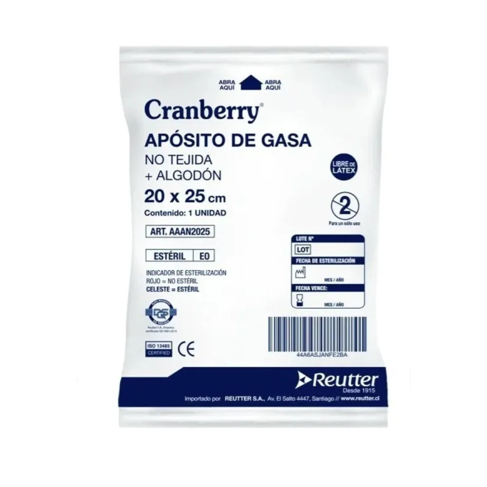 Apósito de gasa no tejida con algodón Cranberry 20x25 cm estéril individual