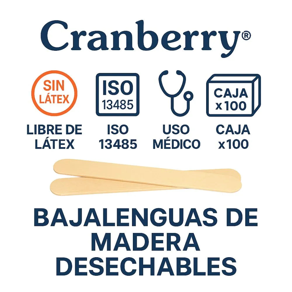 Infografía del producto Bajalenguas de Madera Cranberry Reutter mostrando beneficios: libre de látex, certificación ISO 13485, uso médico y caja con 100 unidades.