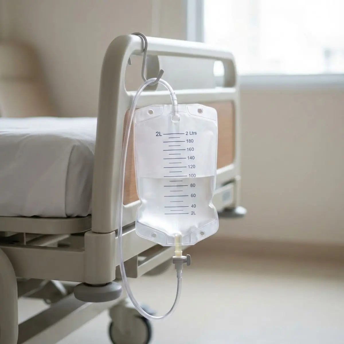 Bolsa recolectora de orina adulto 2 litros colgada al costado de una cama para uso domiciliario.