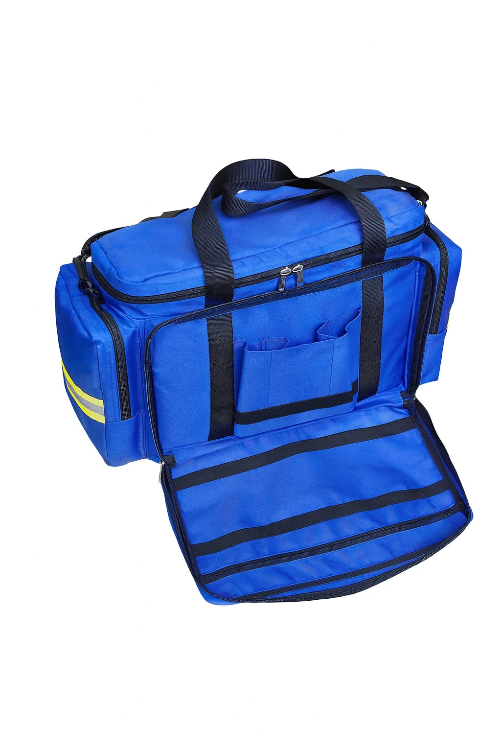 Bolso botiquín médico talla L de uso paramédico para emergencias y primeros auxilios, fabricado en tela resistente e impermeable, color azul con correas negras y detalles reflectantes
