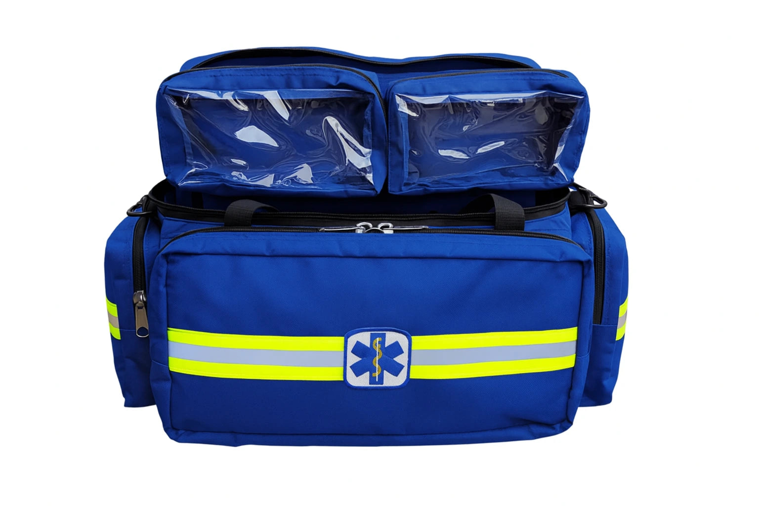 Bolso botiquín médico talla L de uso paramédico para emergencias y primeros auxilios, fabricado en tela resistente e impermeable, color azul con correas negras y detalles reflectantes