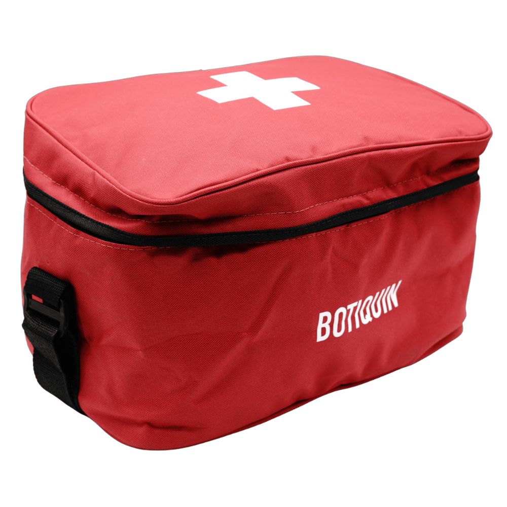 Botiquín minero Anglo American Los Bronces, bolso rojo con cruz blanca, vista tres cuartos