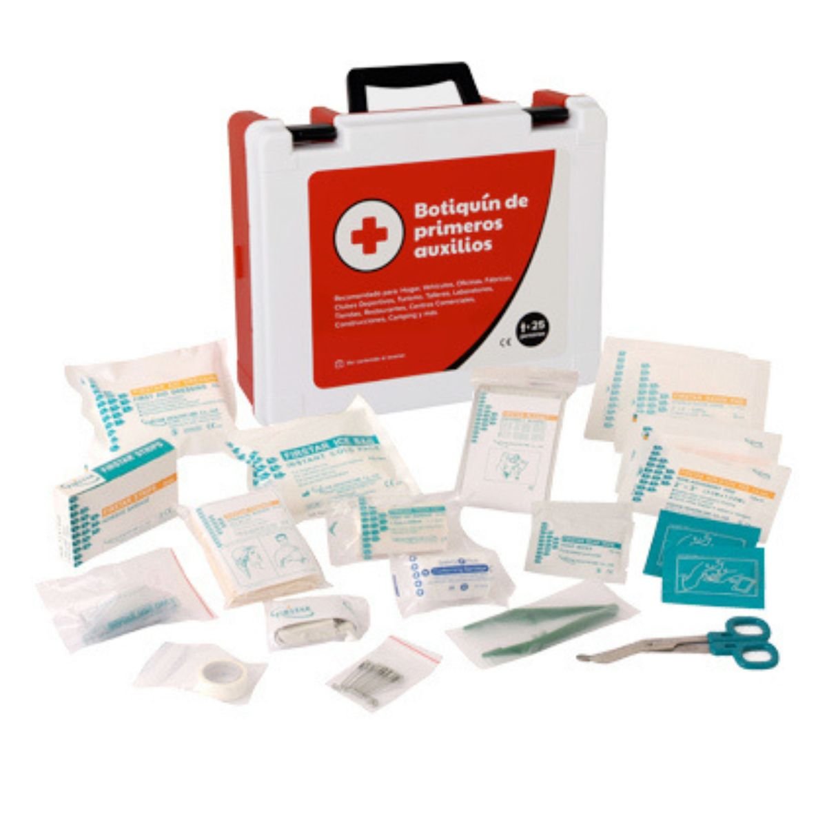 Componentes del kit de primeros auxilios Red Code para empresas – gasas, vendas y apósitos