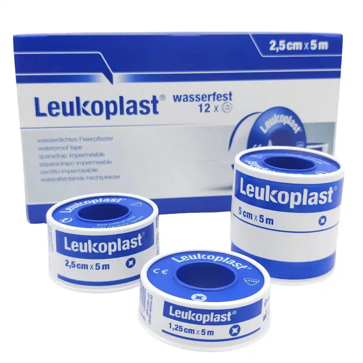 Cinta leukoplast blanco tela adhesiva impermeable BSN Medical — rollos 1,25 cm 2,5 cm y 5 cm con caja