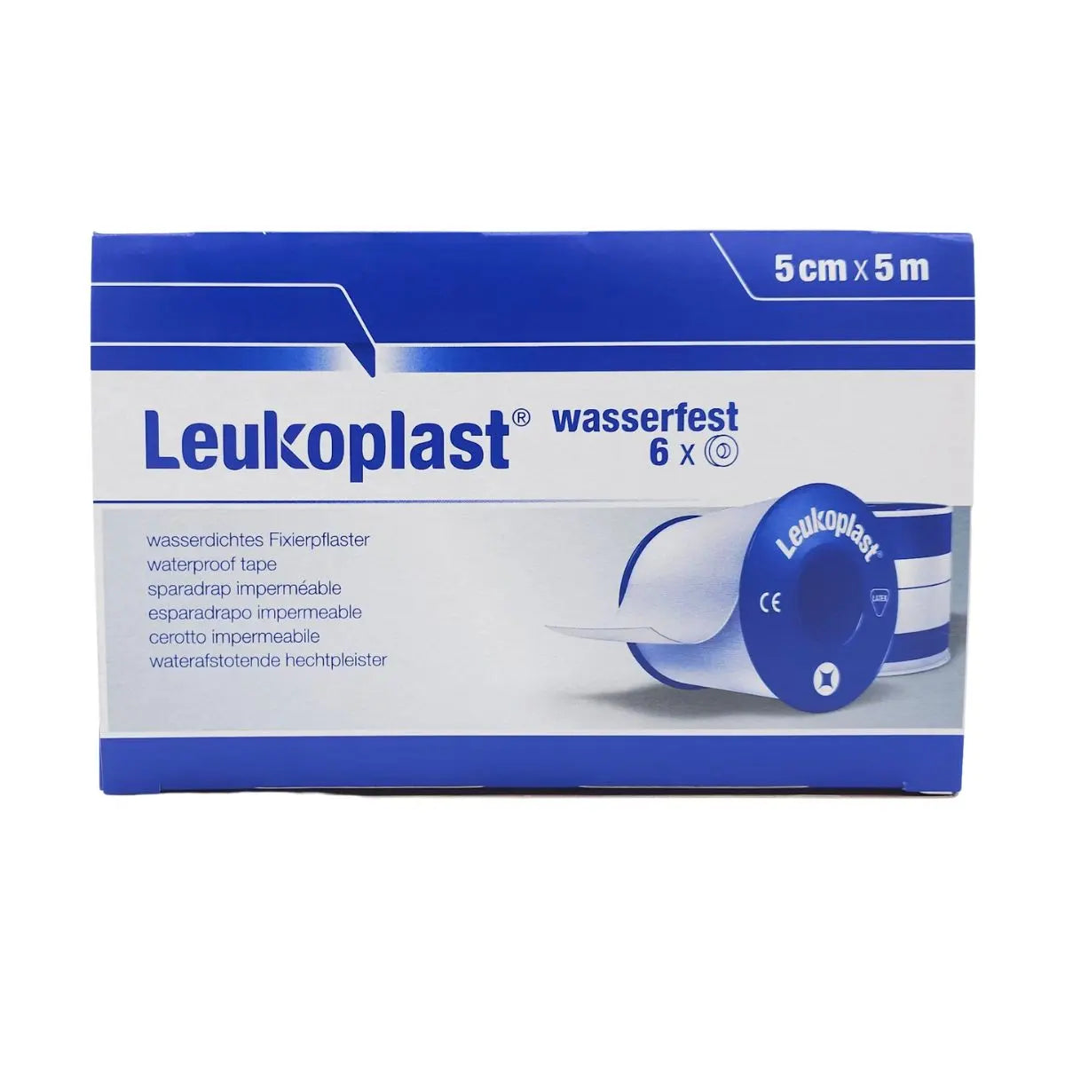 Caja cinta leukoplast blanco 5 cm x 5 m — 6 unidades wasserfest tela adhesiva impermeable BSN Medical