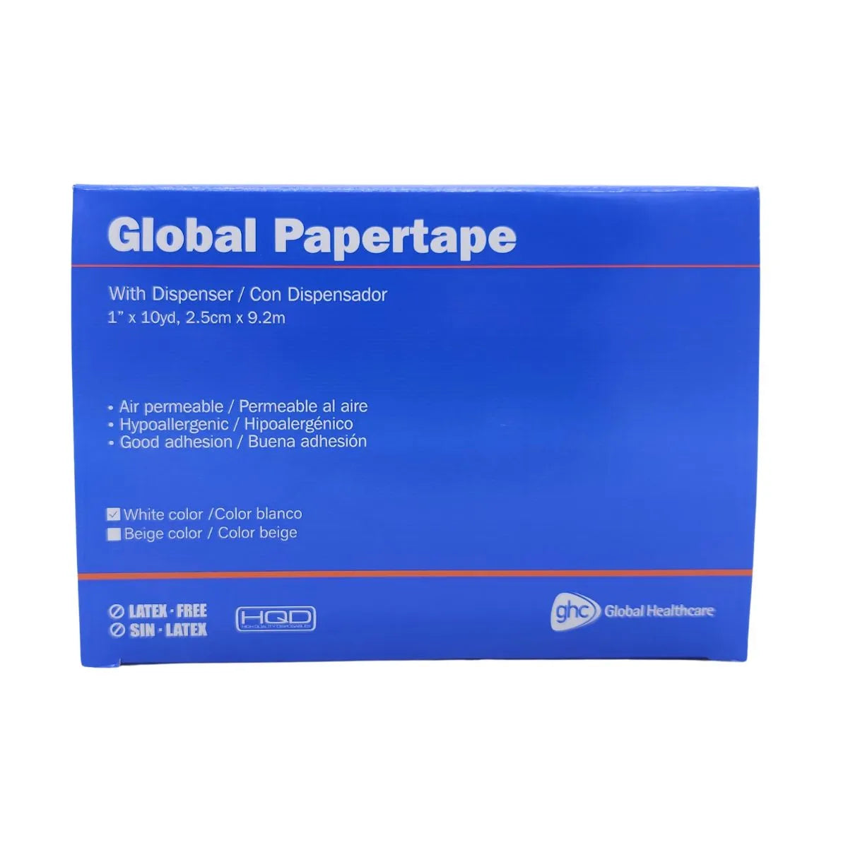 Caja cinta microporosa blanca 2,5 cm x 9,2 m — 12 unidades con dispensador Global Papertape sin látex