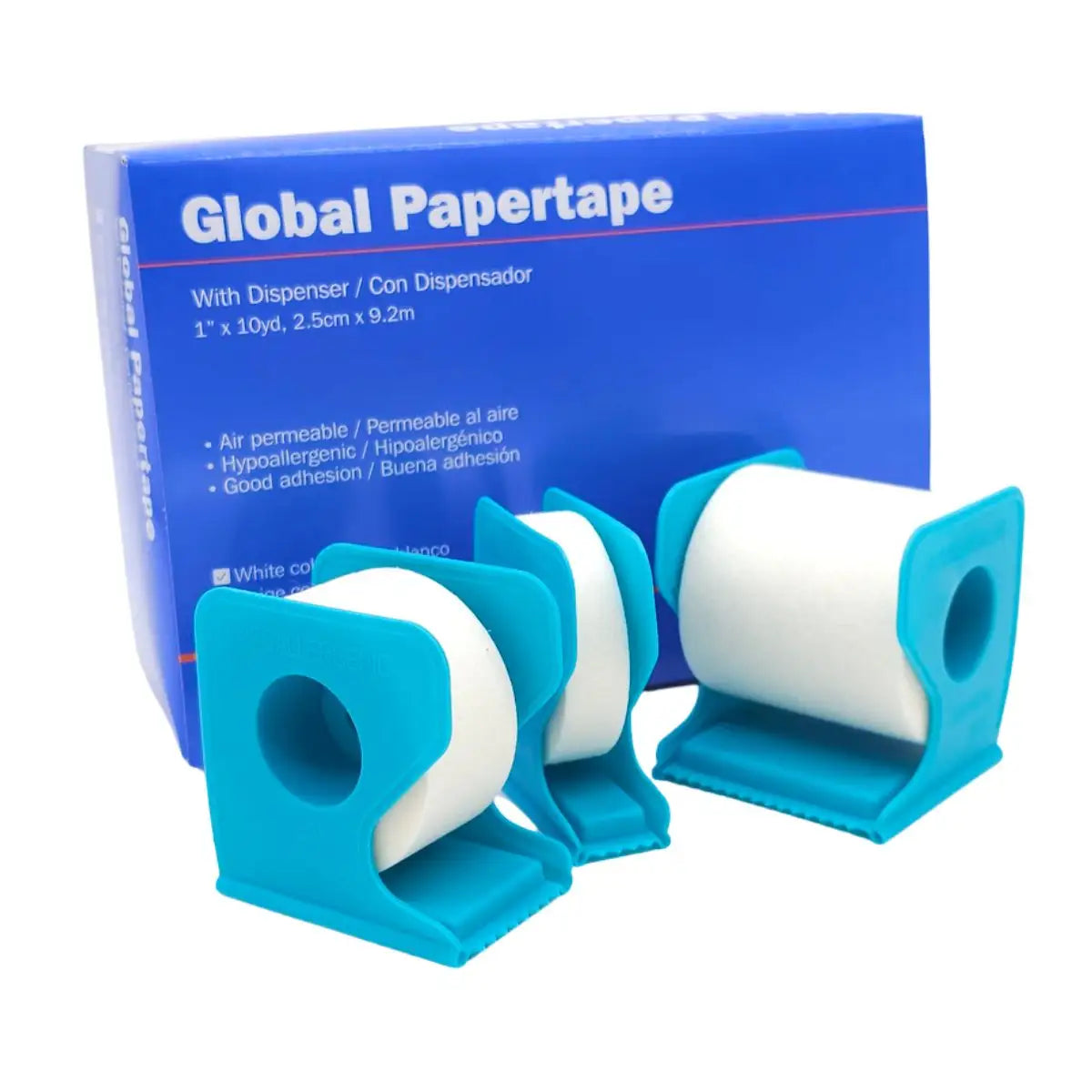 Cinta microporosa blanca con dispensador Global Papertape GHC — rollos 1,25 cm 2,5 cm y 5 cm hipoalergénica