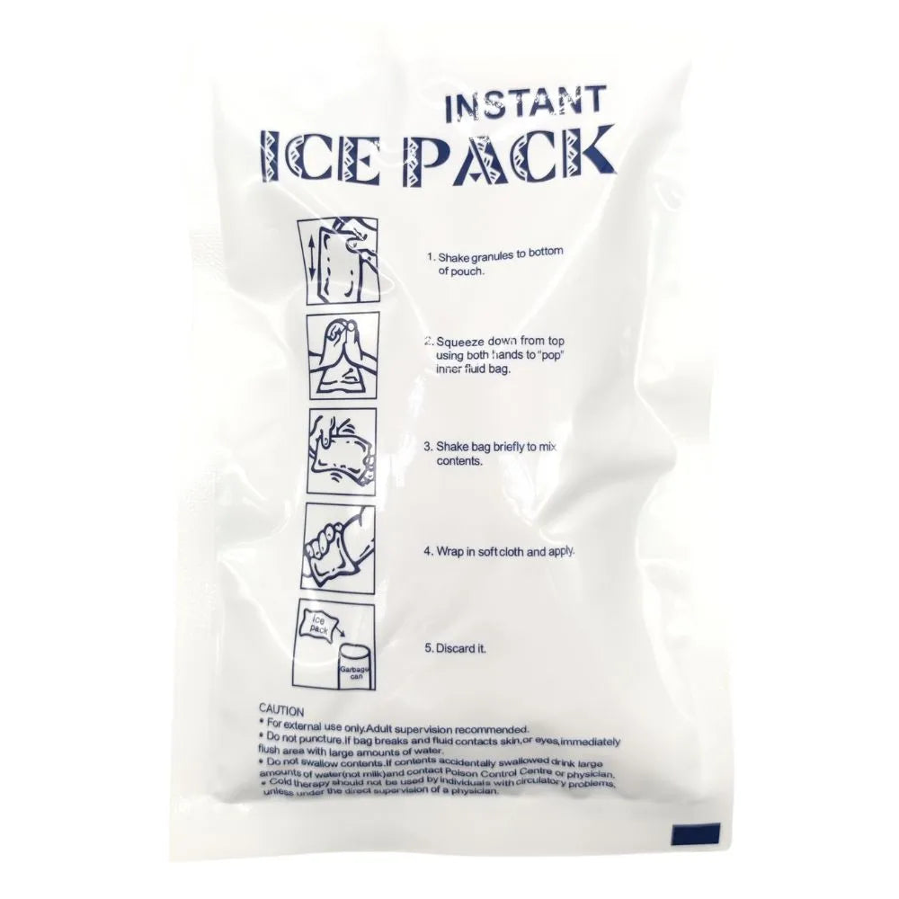 Compresa de frío instantáneo con instrucciones de activación, uso en primeros auxilios