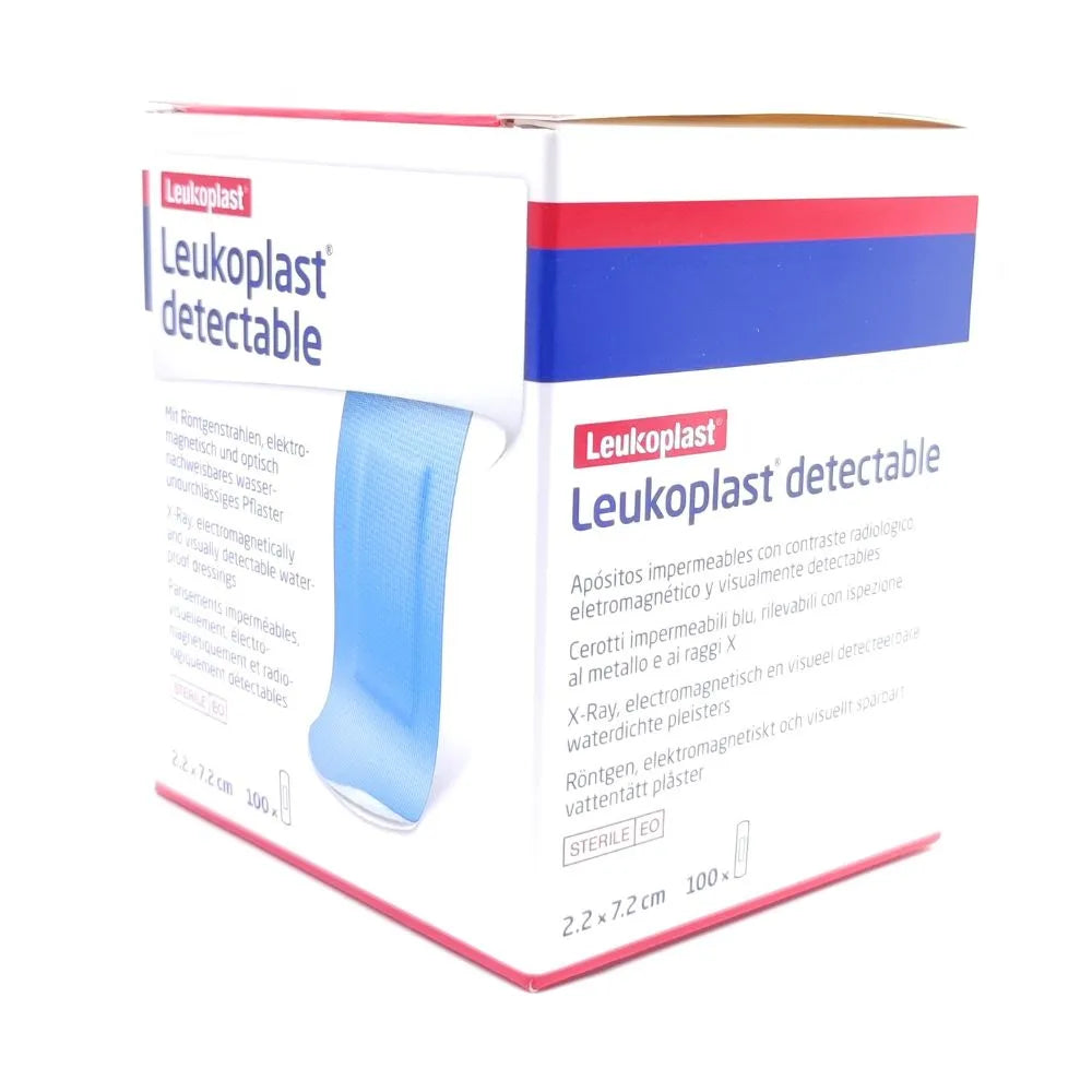 Parche curita azul detectable Coverplast vista lateral de la caja