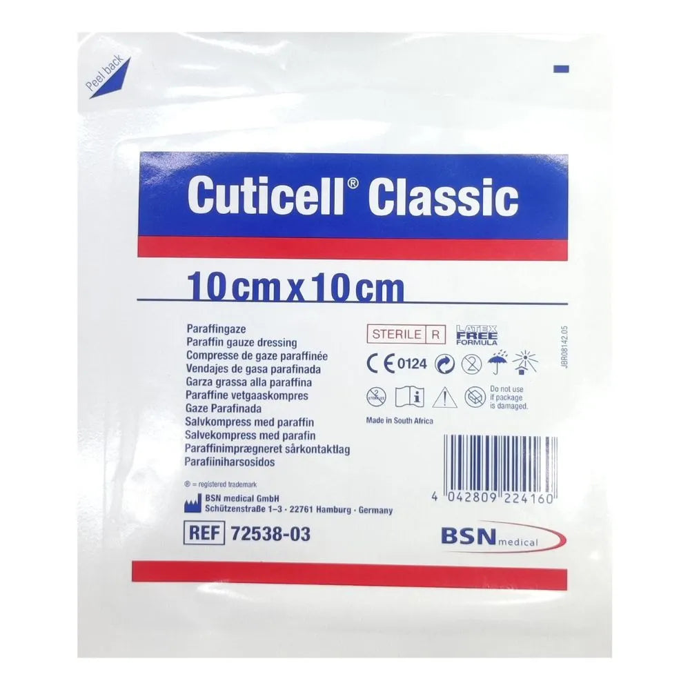 Cuticell Classic 10 x 10 cm, apósito parafinado no adherente en sobre estéril individual