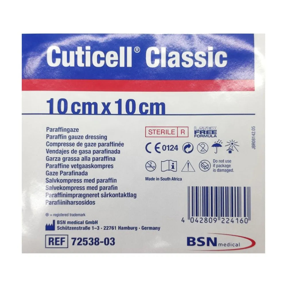 Cuticell Classic 10 x 10 cm, información posterior del apósito parafinado estéril
