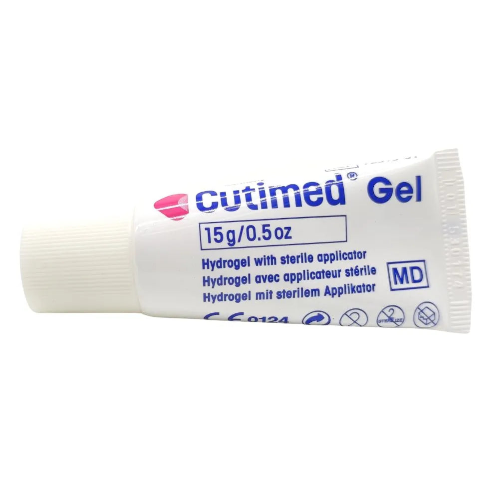 Cutimed Gel 15 g, hidrogel estéril para manejo y humidificación de heridas, vista frontal del tubo