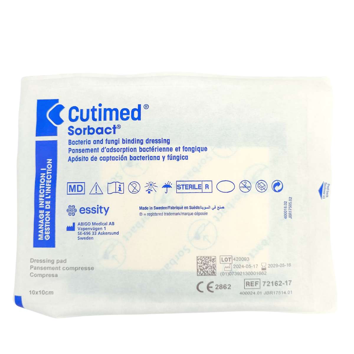 Envoltorio estéril Cutimed Sorbact 10x10cm con certificación CE 2862, apósito de captación bacteriana BSN Medical Essity Sweden