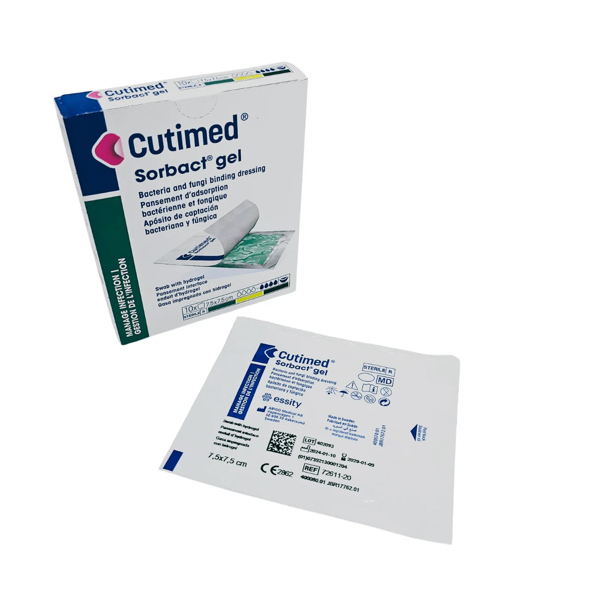 Apósito Cutimed Sorbact Gel 7,5 x 7,5 cm en caja y sobre estéril Essity BSN Medical