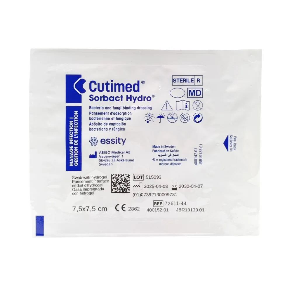 Envase estéril de Cutimed Sorbact Hydrogel DACC 7.5 x 7.5 cm, apósito con hidrogel para manejo de heridas infectadas