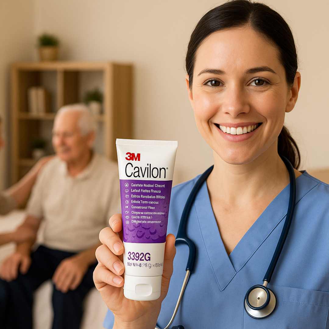 Profesional de salud mostrando Cavilon crema 3M para protección cutáneo en adultos mayores