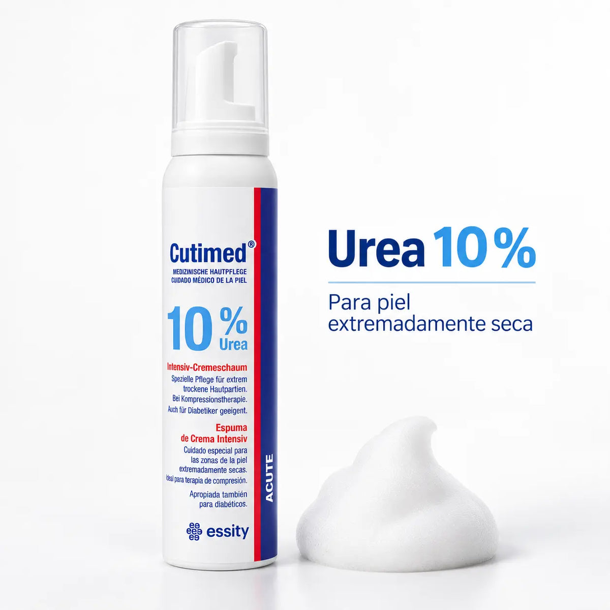 Espuma de urea 10% Cutimed Acute junto a una porción de mousse blanca para piel extremadamente seca
