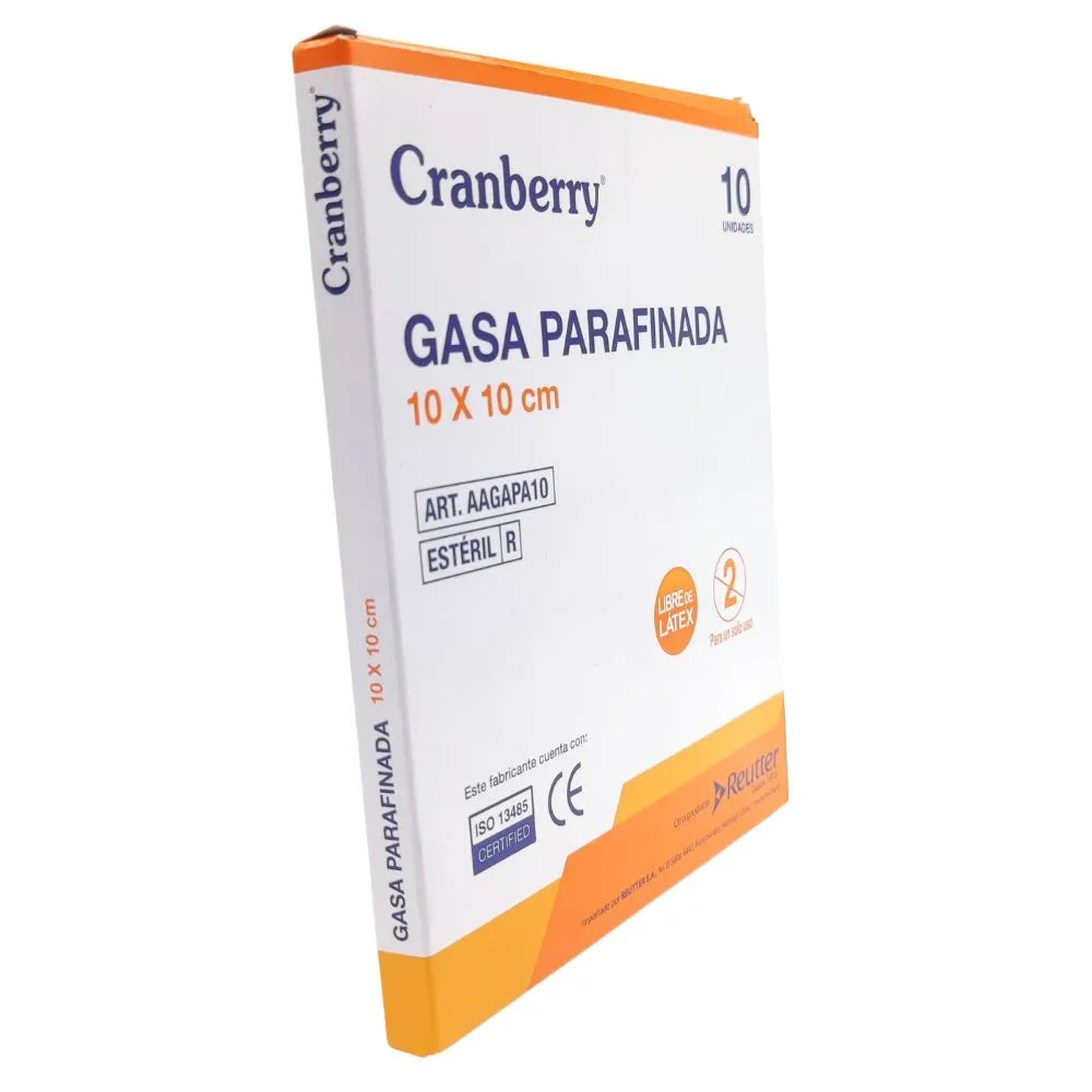 Gasa parafinada Cranberry 10 x 10 cm, presentación comercial para uso clínico