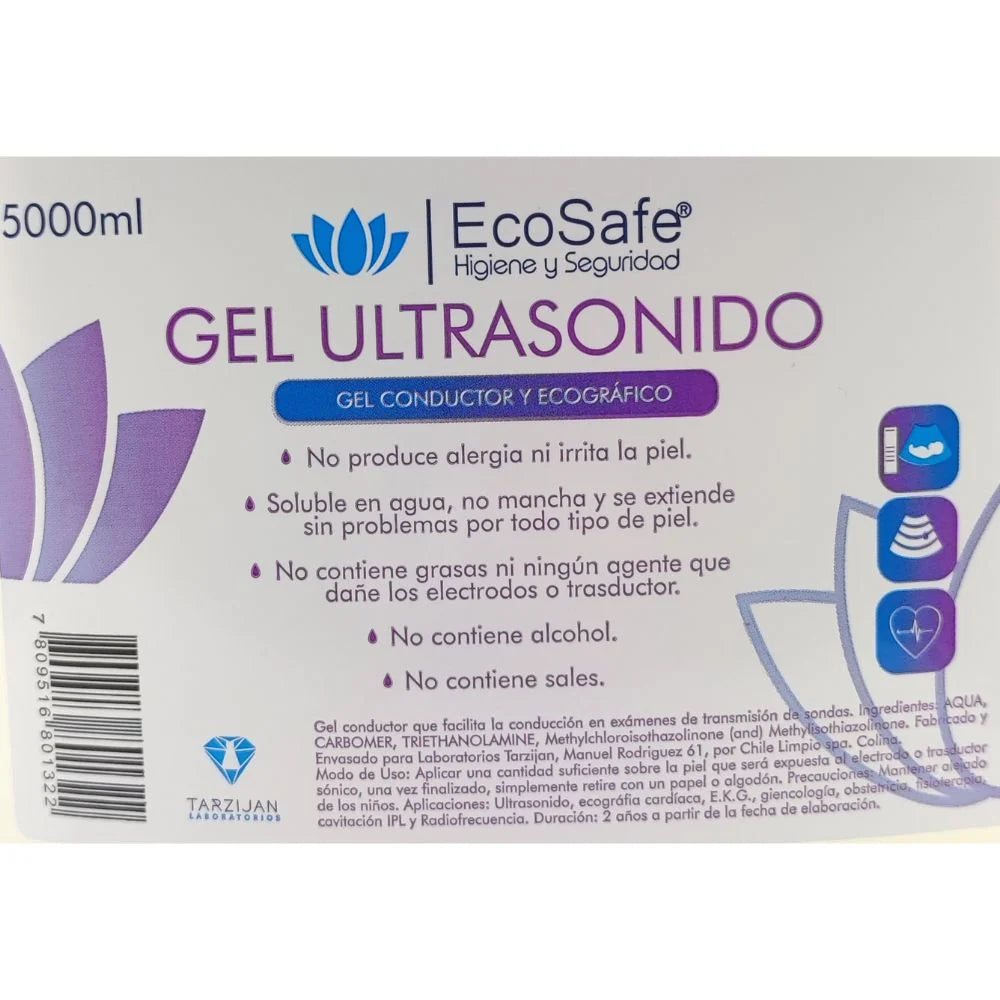 Etiqueta gel ultrasonido Ecosafe 5000ml — ingredientes Aqua Carbomer, aplicaciones EKG radiofrecuencia fisioterapia