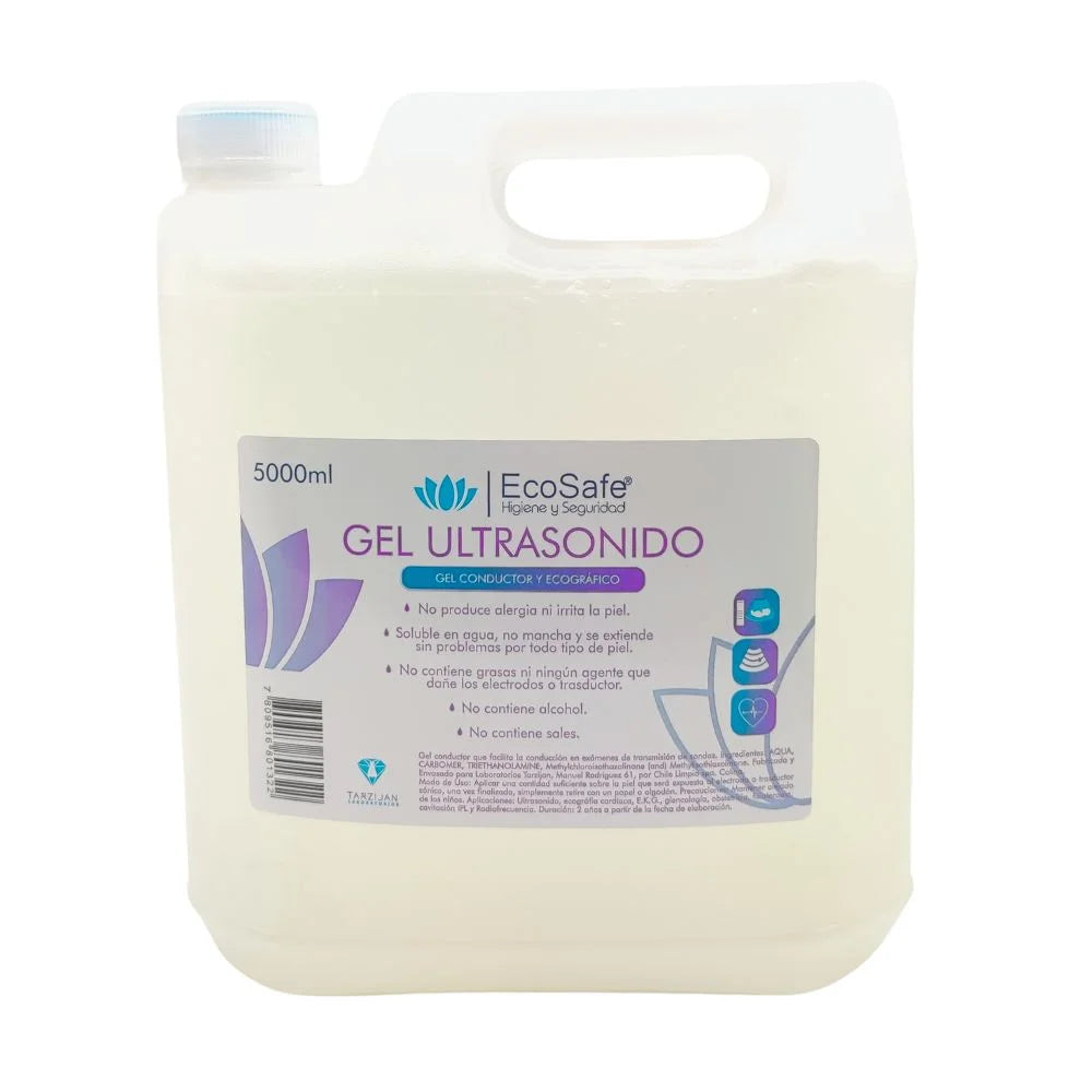 Gel conductor ultrasonido Ecosafe 5 litros incoloro — bidón frente con etiqueta, ecografía y fisioterapia