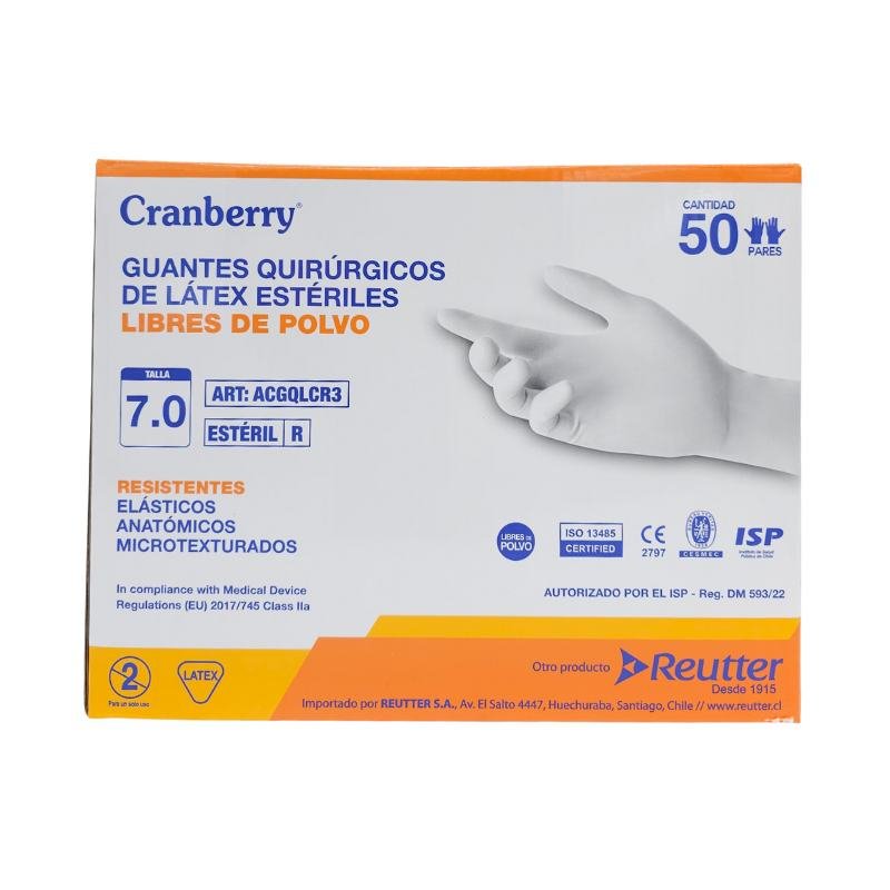 Guantes látex estériles Cranberry talla 7, caja 50 sobres, ancho palma 90mm, certificación ISO