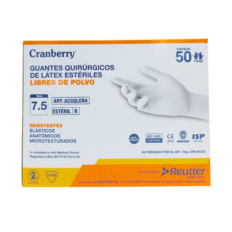 Guantes látex estériles Cranberry talla 7.5, caja 50 sobres, ancho palma 92mm, procedimientos prolongados