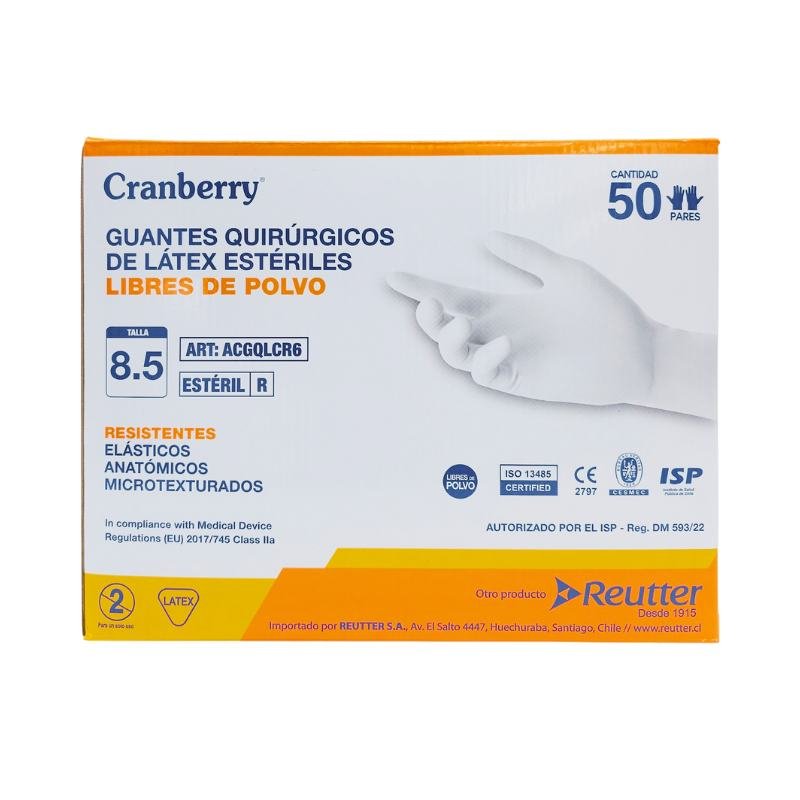 Guantes látex estériles Cranberry talla 8.5, caja 50 sobres, ancho palma 110mm, máxima protección