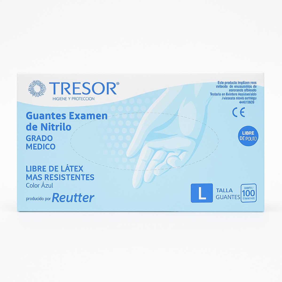 Guantes de nitrilo azul Tresor sin polvo caja 100 unidades grado médico. Guantes médicos no estériles libre de látex color azul. Distribuido por Reutter Chile certificación CE