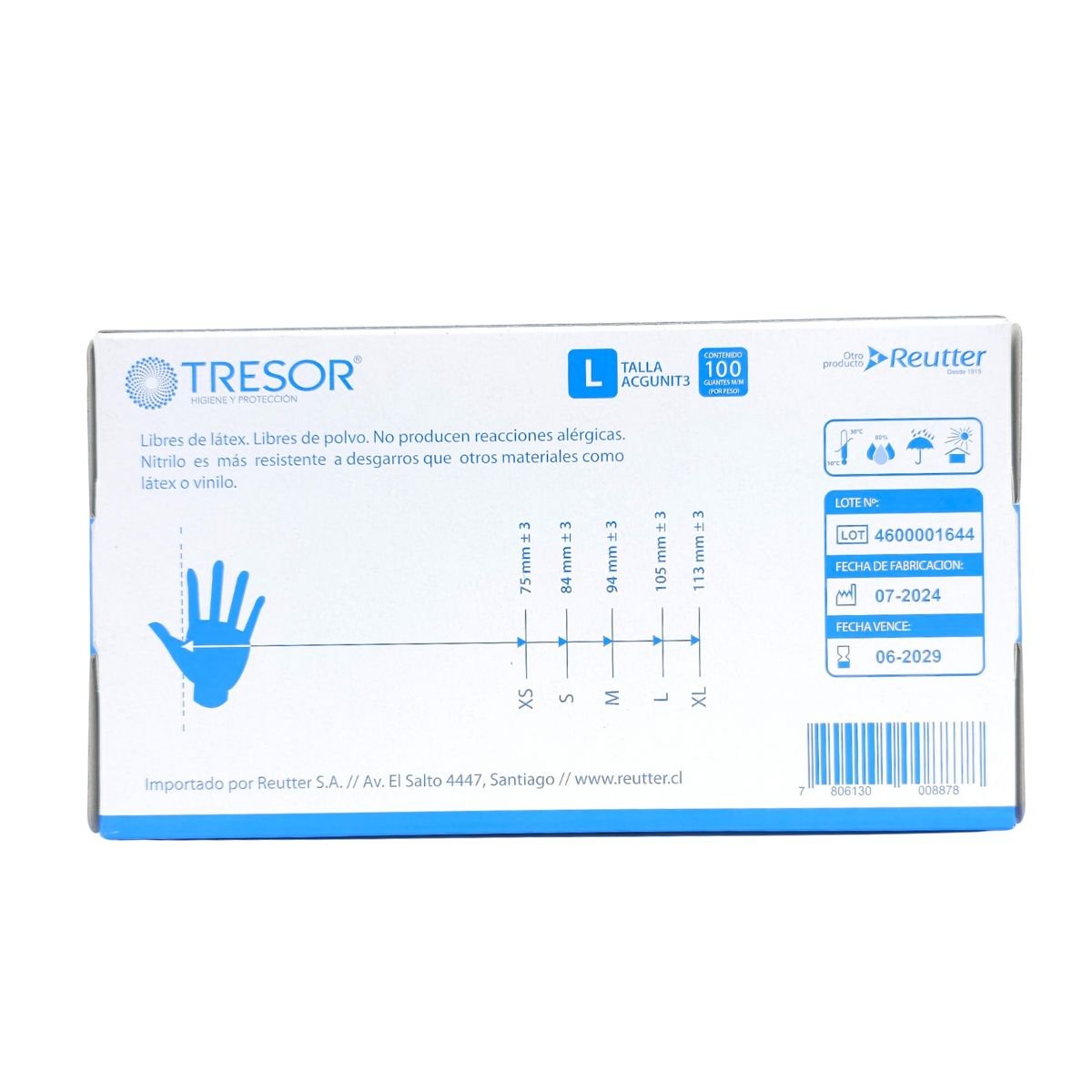 Tabla de tallas y especificaciones técnicas de guantes de nitrilo azul Tresor para uso médico